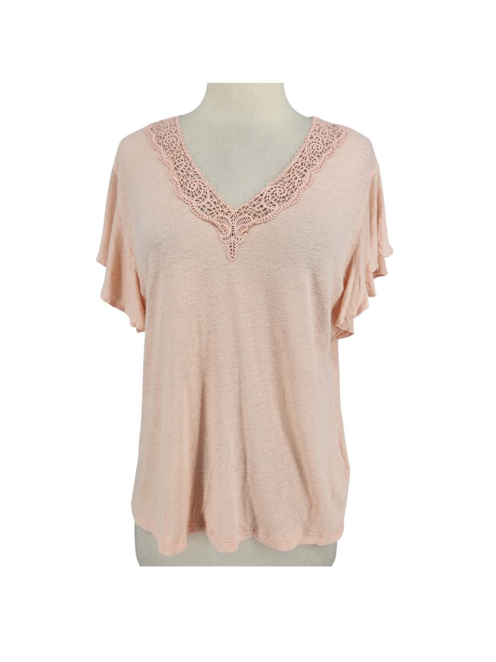 Ralph Lauren Black Label Linen Blend Lace Front Tee Pink Large